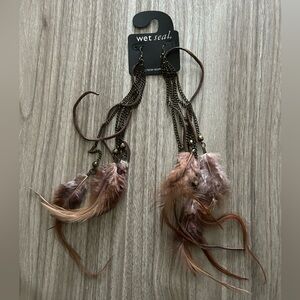 Vintage Wet Seal Boho Feather and Suede Earrings, Brown, Never worn